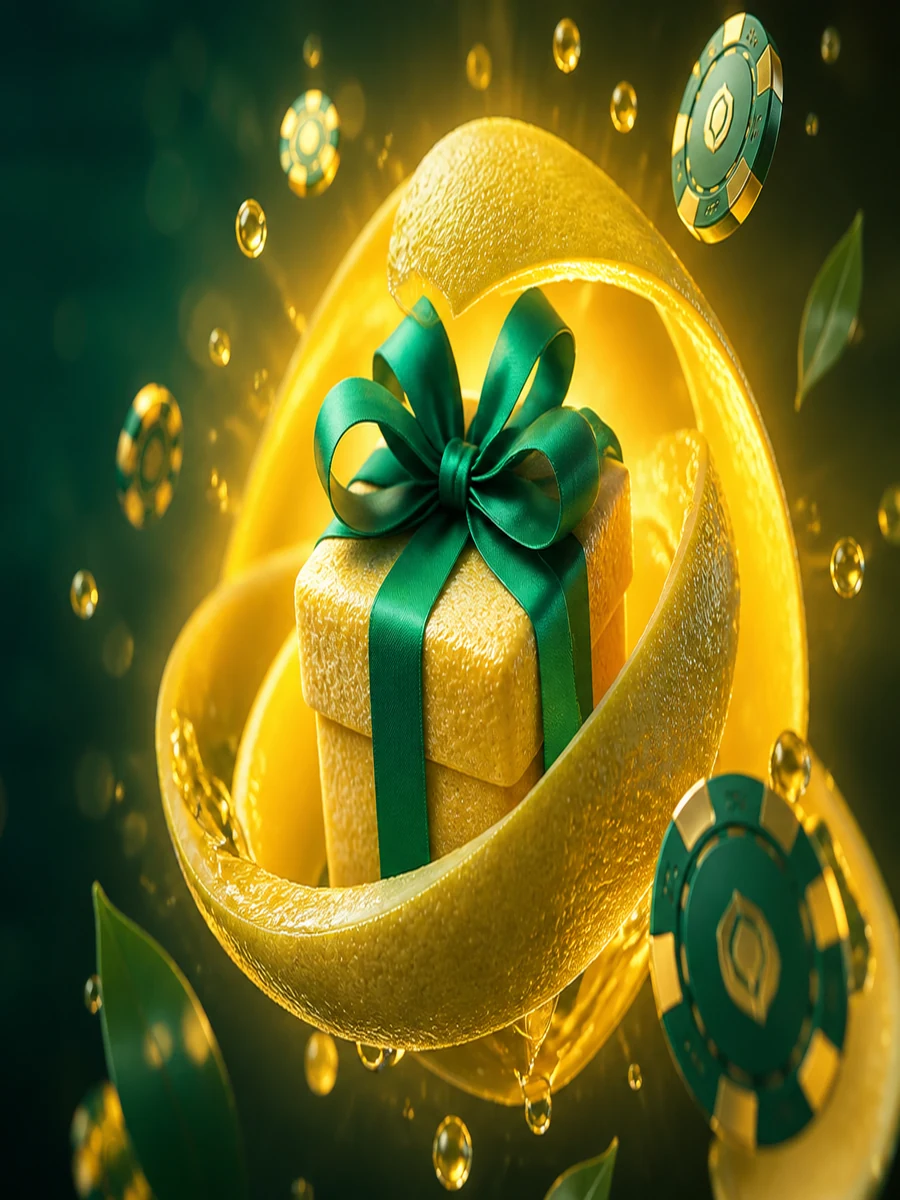 Golden gift with emerald ribbon inside lemon peel